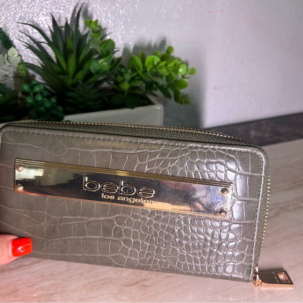 bebe Olive Croc-Embossed Zip Wallet with Gold Plate